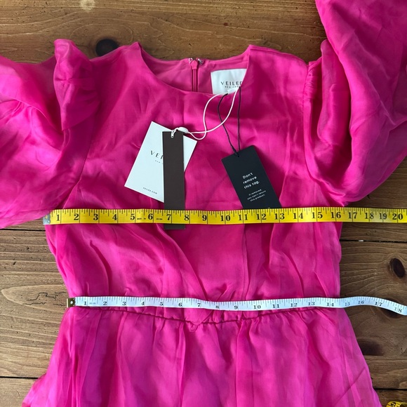 VEILED NWT Silk Organza Balloon Sleeve A-Line Maxi Dress Sz Small Short Hot Pink - Picture 9 of 9